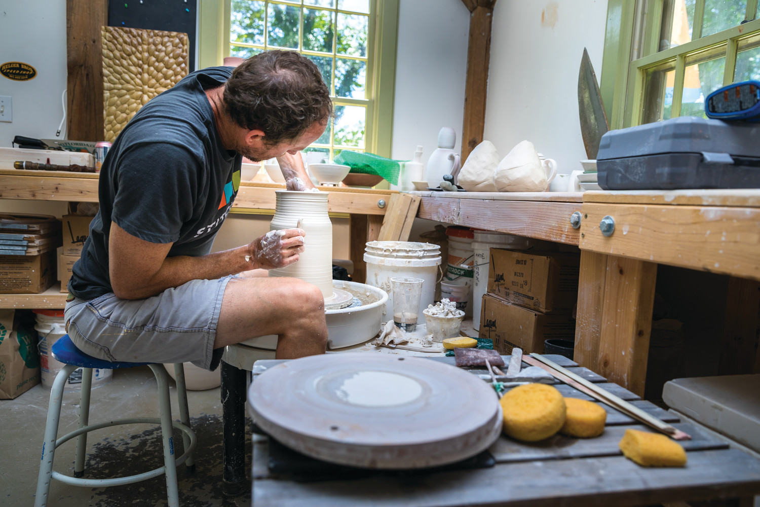 Charlie Barmonde of Arch Contemporary Ceramics creates his prolific works of pottery in his Tiverton studio.