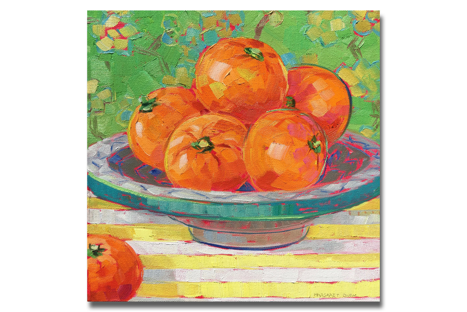 Oranges in a Moroccan Dish, on a Striped Cloth, oil on canvas