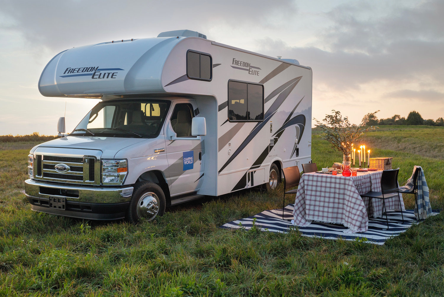 The 24-foot motorhome is a Dream Home first and includes sleeping space for five, a high-end kitchen, and outdoor lounge set