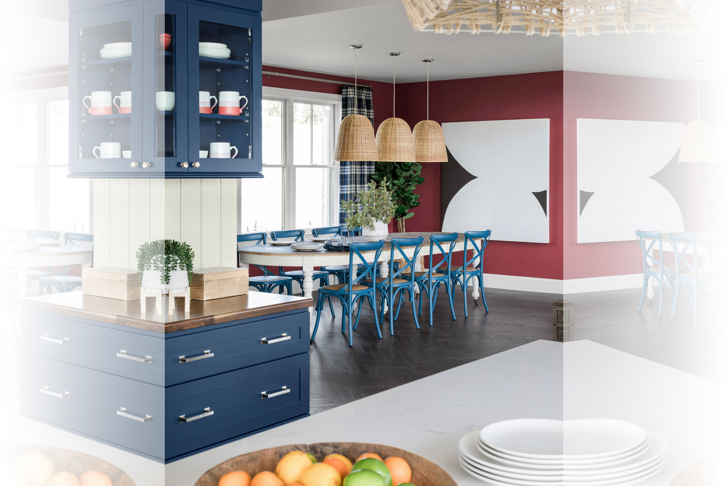 A consistent colorway of red and navy along with accents like pendant lighting in natural textures add a cohesive flow to the open floor plan