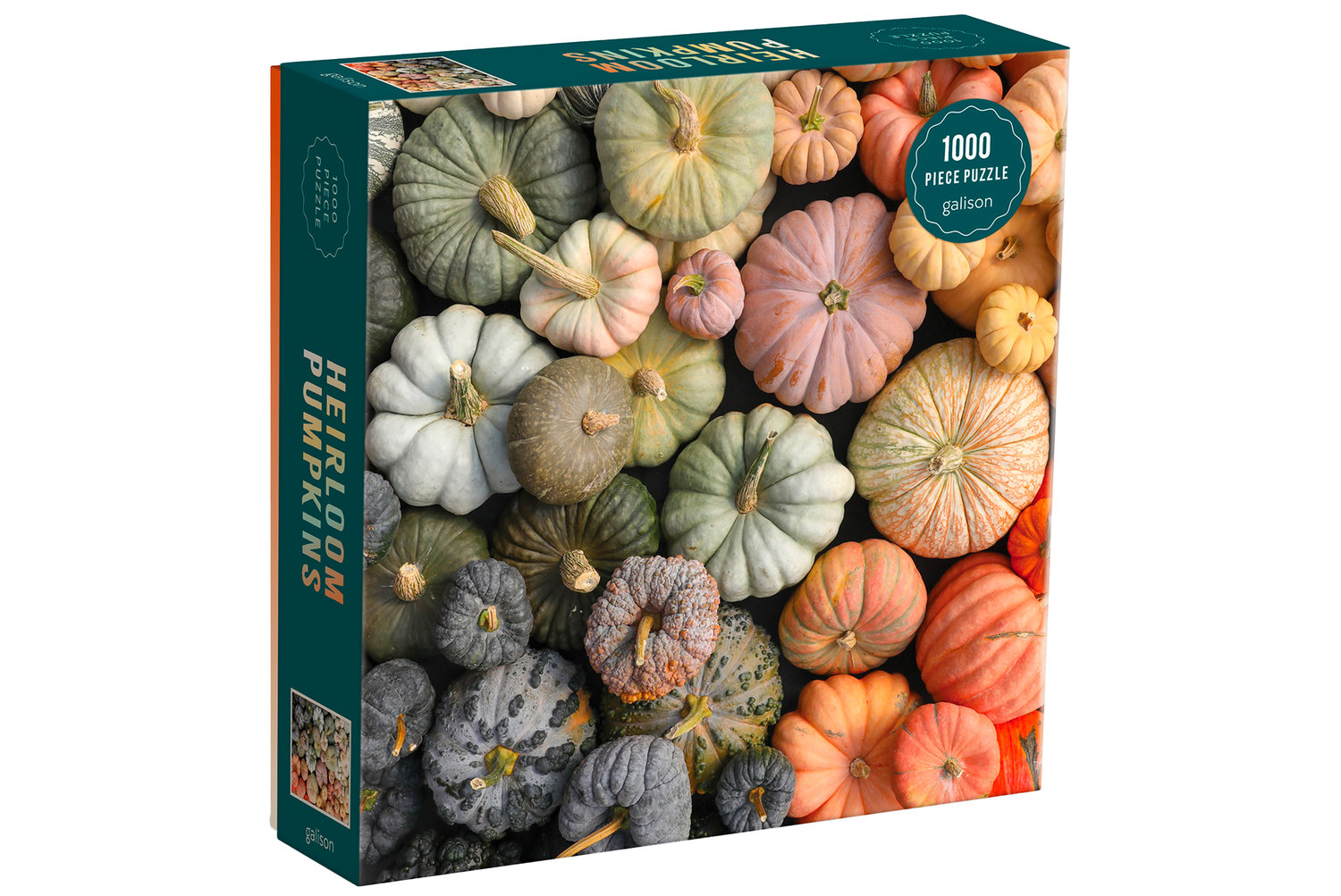Heirloom Pumpkins 1000 Piece Puzzle by Galison, packaged in a matte-finish sturdy box, with insert of the full puzzle image included.