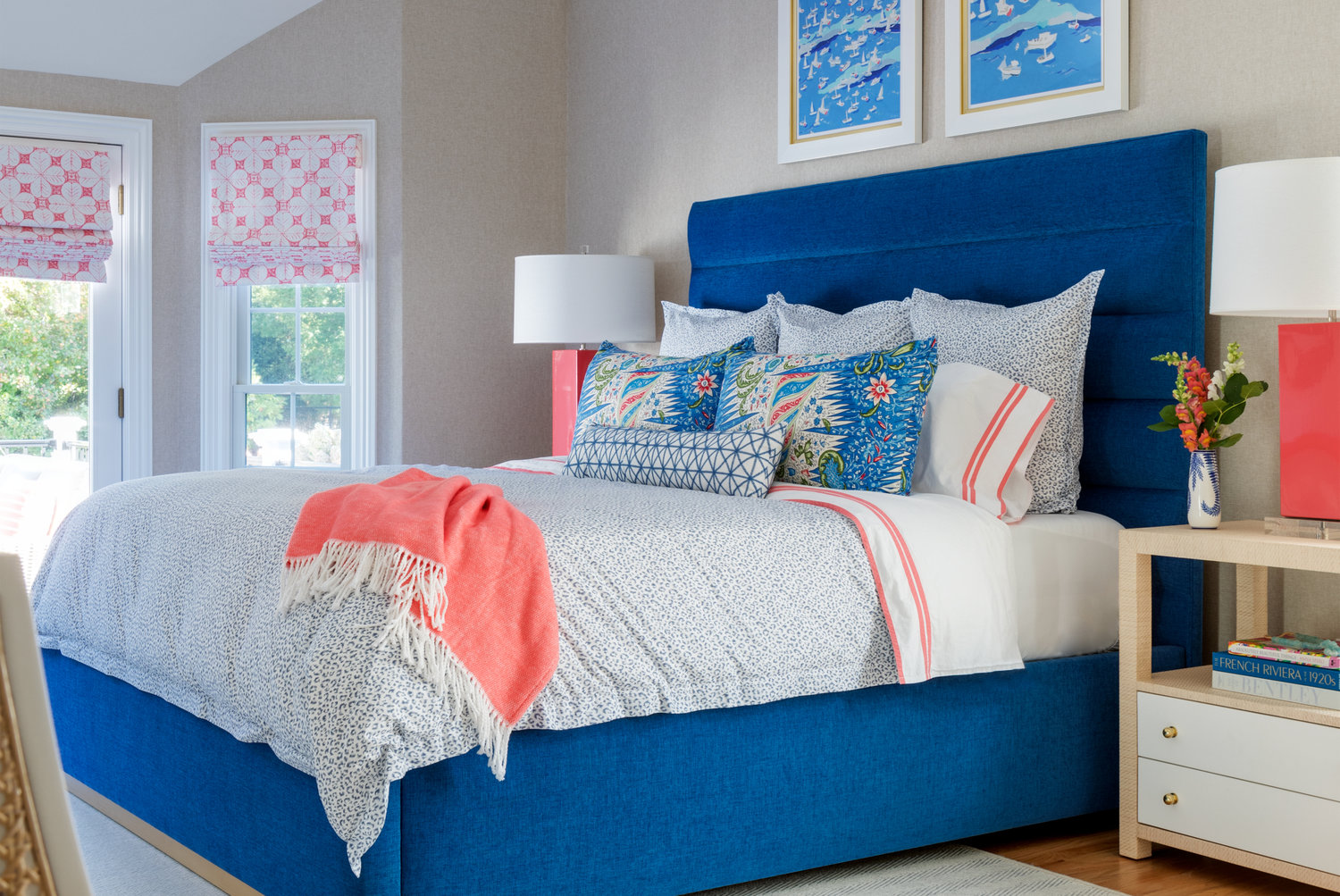 Vibrant hues infuse warmth year-round in a Narragansett master bedroom