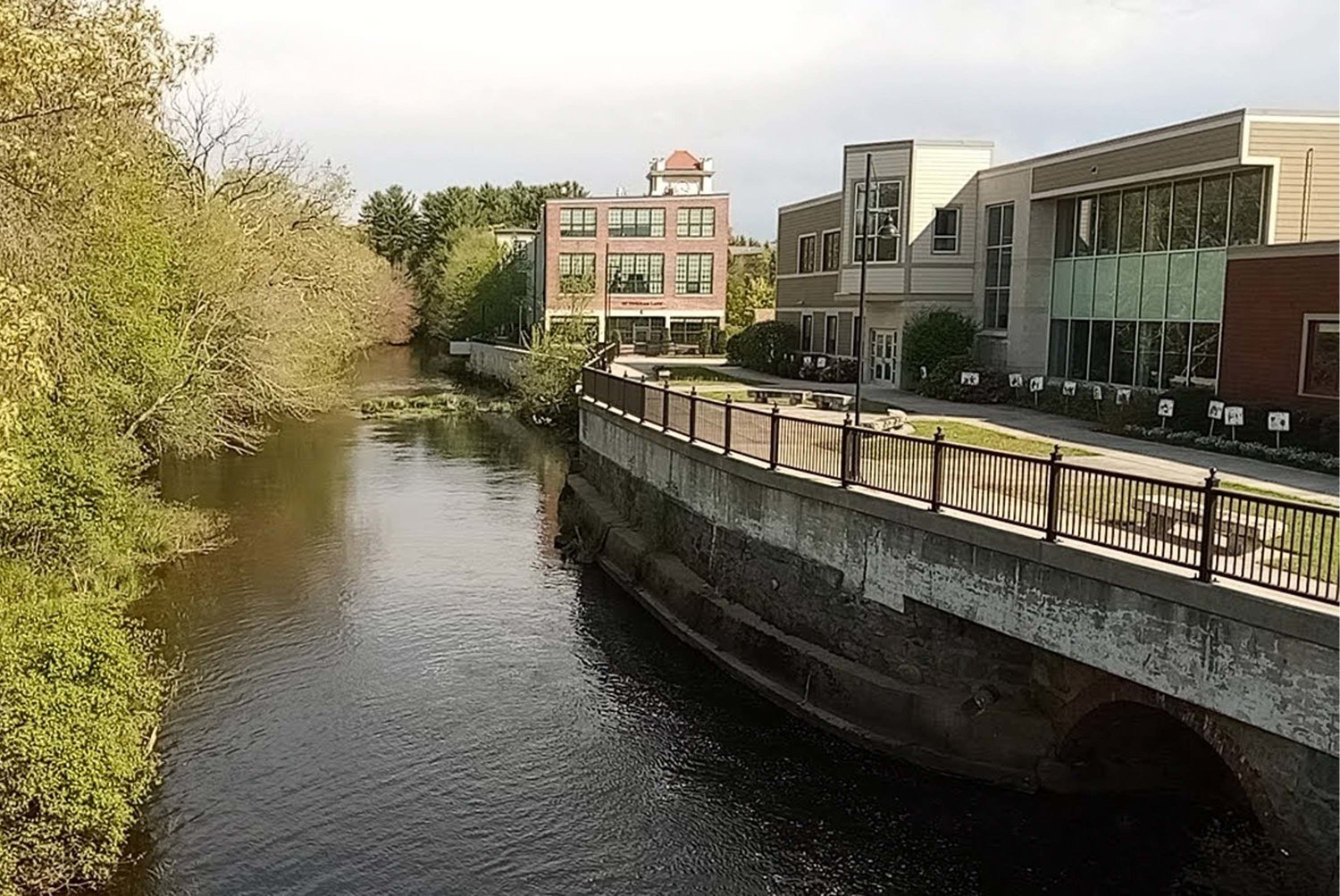 Clear River behind Stillwater Mill Complex and Jesse M. Smith Memorial Library