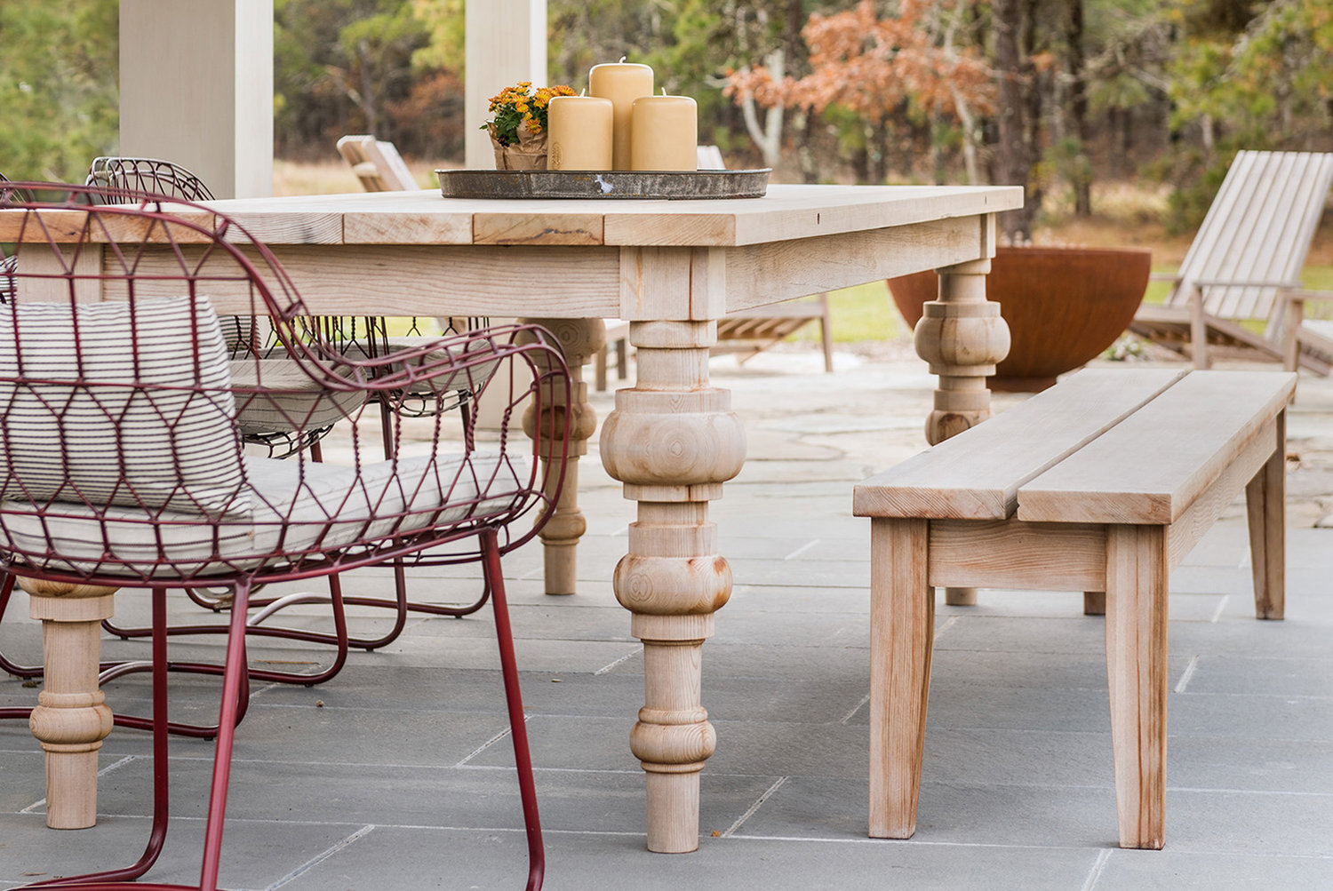 A collaboration with Hutker Architects, this patio table was inspired by an antique Parisian table and made with reclaimed late 1800s redwood from a New Hampshire navy yard