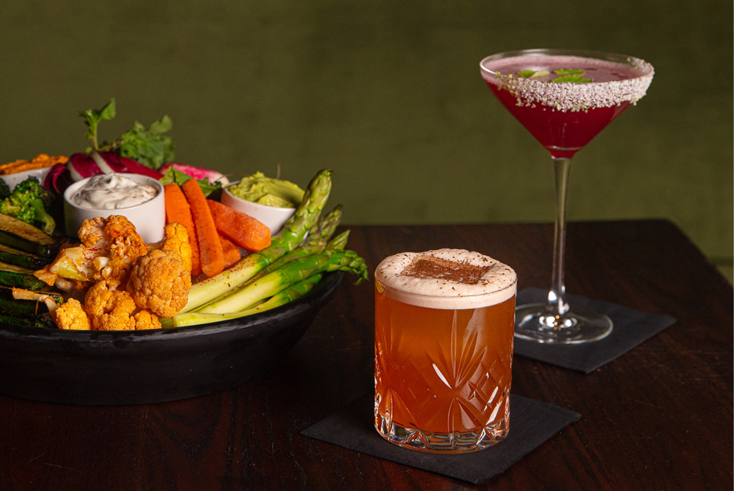 Drinks are crafted to pair with a menu of savory veg-forward bar snacks