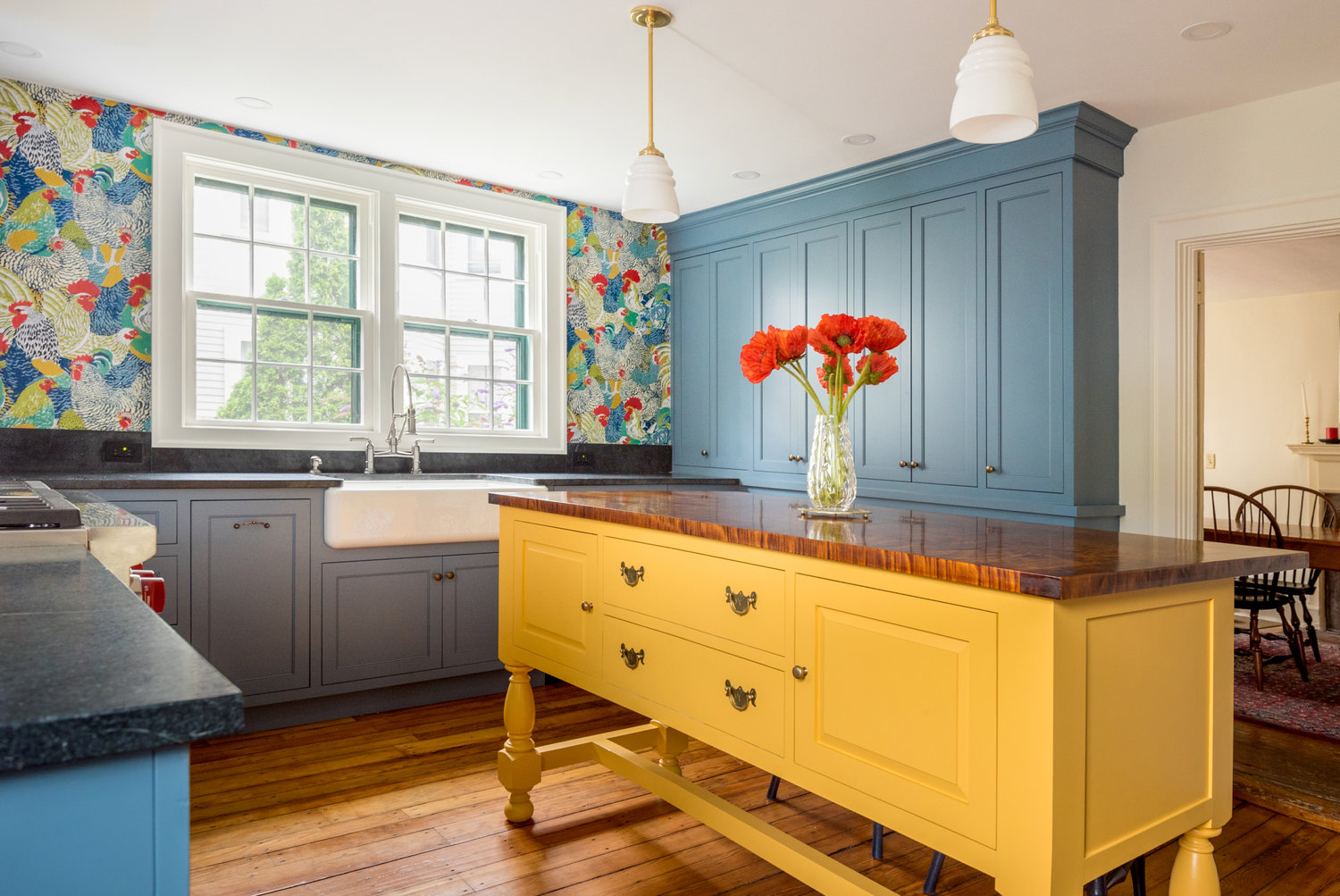 A scrap of wallpaper provides color inspiration for a kitchen update in Newport