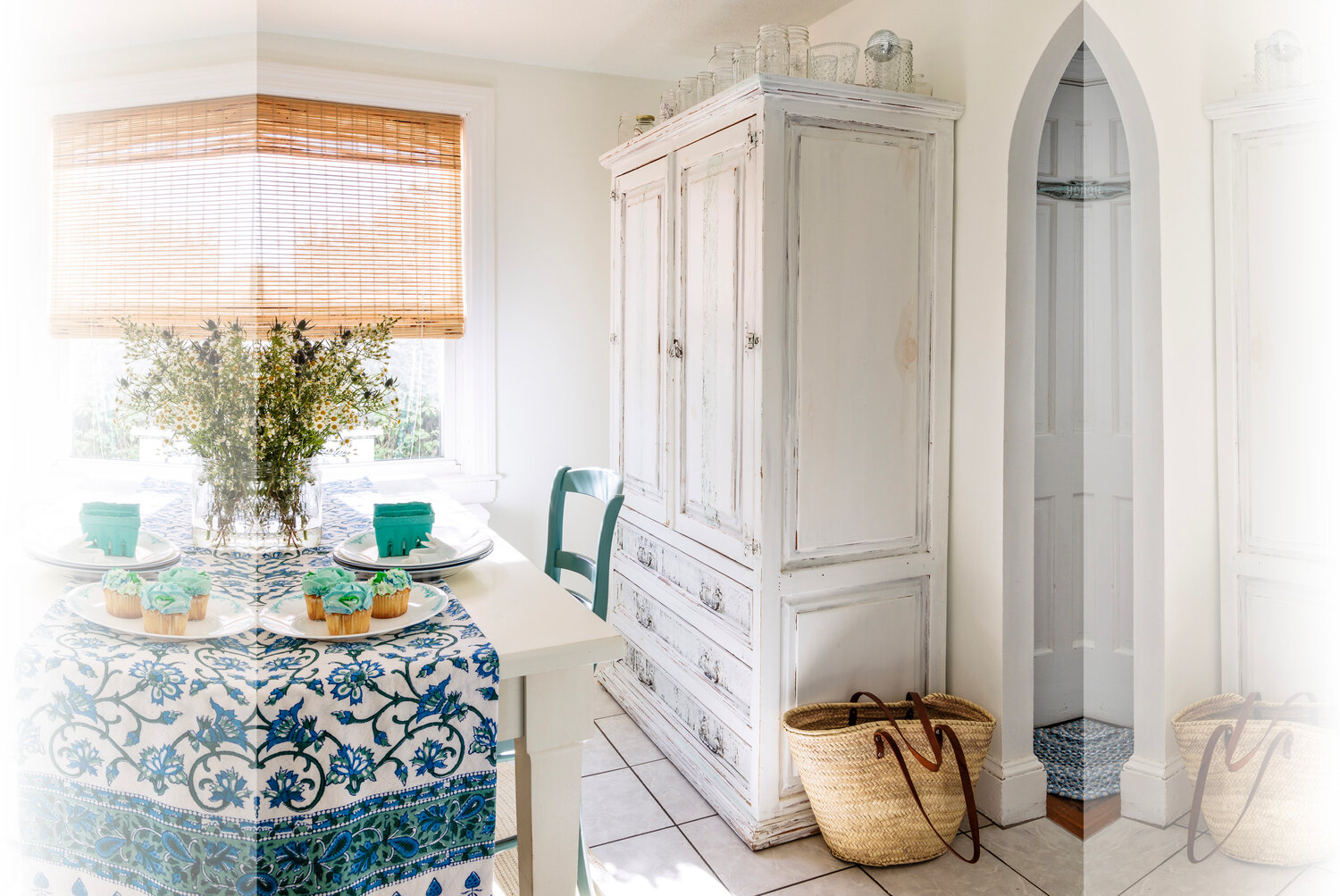 The armoire was bought for its versatile storage possibilities. Major painted it white with an aqua stripe, and it holds everything from dishware to tea towels and small appliances